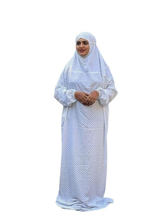 White &amp; Black Printed Islamic Prayer Dress with Hijab